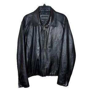 Guess Black Men's Leather Moto Jacket Size Large Lined 2000's